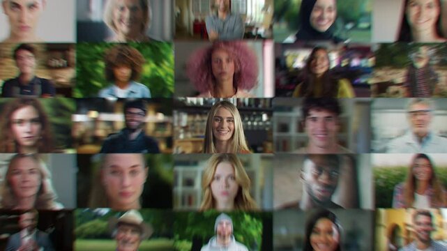 Portrait Collage with Visual Effect Zoom Out. Authentic Multiethnic People of Diverse Background, Gender, Ethnicity, Occupation. Men and Women Looking at Camera. Video Start with Caucasian Female Lead