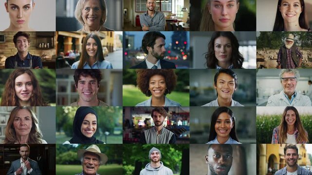 Black African Female Portrait Zoom Outs to a Collage Collection of Happy Diverse Men and Women Smiling and Looking at Camera. Multiethnic Diverse People From Different Backgrounds, Culture, Gender