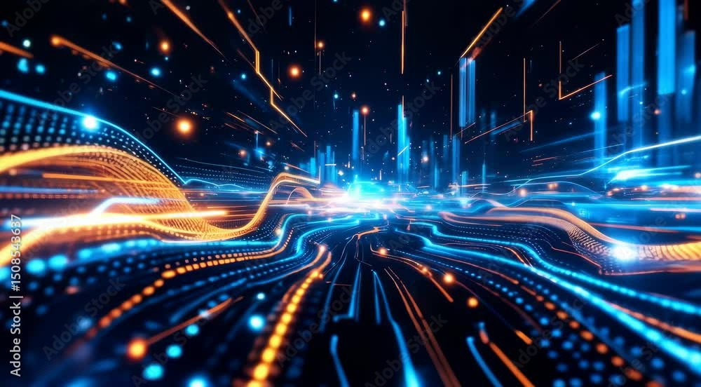 Poster abstract digital waveforms flowing through a futuristic datascape illuminating technological advance