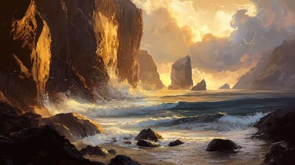 Dramatic sunset over coastal cliffs serene beach digital artwork vibrant colors scenic landscape nature's beauty