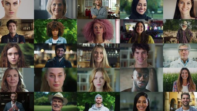Caucasian Female Lead in a Mix of Portraits with Stylish Male and Female of Different Ethnicities Looking at Camera. Collage with Global Representation of Happy People. Zoom Out Footage
