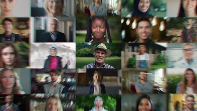 Caucasian Senior Man Lead in a Mix of Portraits with Stylish Male and Female of Different Ethnicities Looking at Camera. Collage with Global Representation of Happy People. Zoom Out Footage
