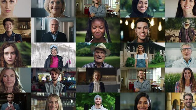 Portrait Collage of Empowered Men and Women from Diverse Backgrounds. Zoom Out Footage with Senior Man Lead. People Looking at Camera, Reflect Leadership, Ambition, Celebration of Modern Lifestyle