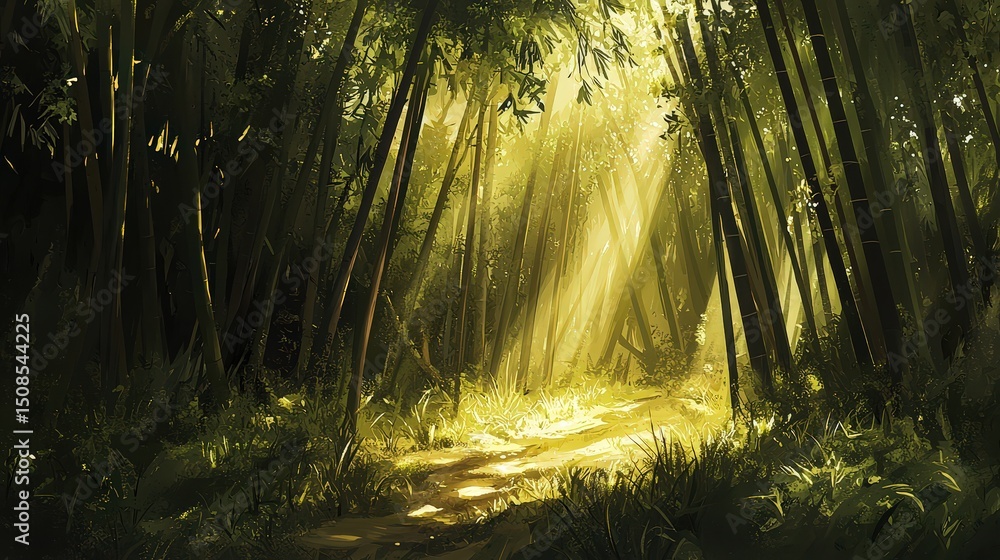 Poster sunlight streaming through lush trees enchanted forest path nature scene tranquil environment serene