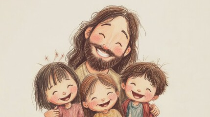 Cartoon Illustration of Jesus and Little Children