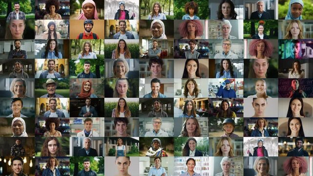 Portraits Collage Collection of Happy Diverse Men and Women Smiling and Looking at Camera. Footage with Multiethnic Diverse People From Different Backgrounds, Culture, Age, Gender, Ethnicity