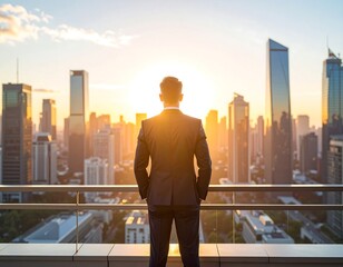 Obraz na płótnie Canvas Man in suit on rooftop overlooking city skyline at sunrise