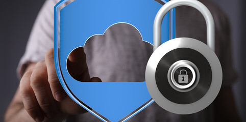 Image depicting a secure cloud, protected by a strong padlock.  Ensuring data safety and privacy.