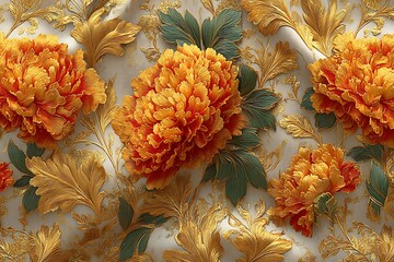 Artistic floral design of radiant gold marigolds on elegant embossed surface high resolution picture