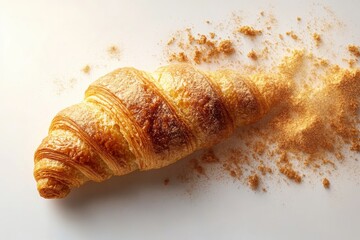 Golden Croissant Delight Freshly Baked Pastry with Crumbs Breakfast Brunch on transparent background