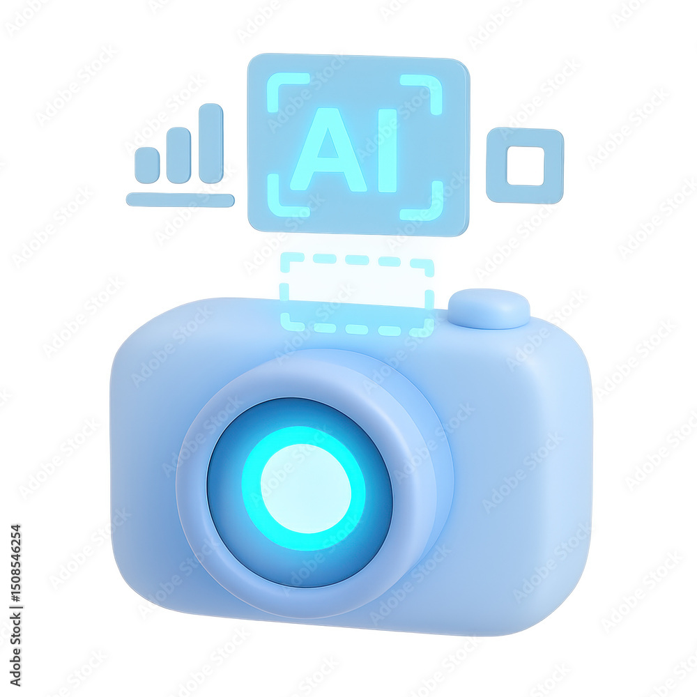 Poster ai enhanced camera: the image is a creative representation of a futuristic camera powered by artific