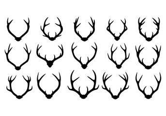 Fototapeta premium Collection of fifteen different black silhouette designs of deer antlers.