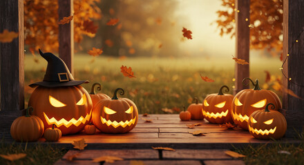 A 4K 3D rendered background with Halloween pumpkins and Jack O' Lanterns, designed for an autumn wallpaper with a nostalgic touch
