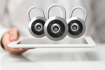 Secure your data! Image depicts three padlocks hovering over a tablet, symbolizing online security...