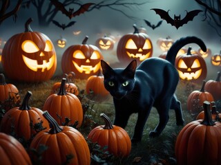Misty halloween night a black cat roams in a pumpkin patch with glowing jack-o'-lanterns and flying bats