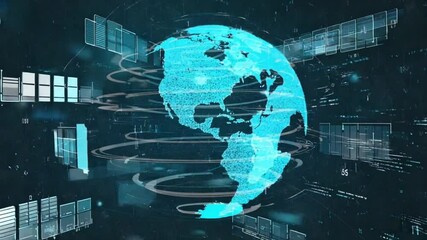 A glowing wireframe 3D world map, neural signals. Streams light data travel country brain synapses. Real-time holographic charts graphs globe, high-tech glowing cyan magenta digital interface - Powered by Adobe