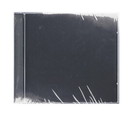 Fototapeta premium CD disk video case on black background. Isolated music transparent mockup. Clean cover box template.