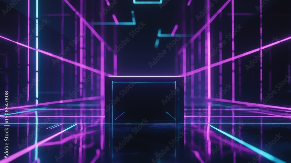 Poster dynamic neonlit podium displaying minimalist design in futuristic space with high-tech ambiance