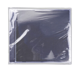 CD disk video case on black background. Isolated music transparent mockup. Clean cover box template.