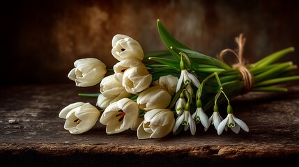 White Tulips  Snowdrops Spring Bouquet.