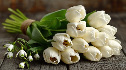 White Tulips Bouquet Spring Flowers Wooden Table.