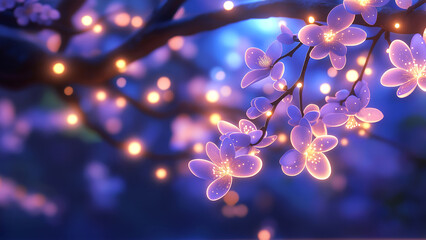 Enchanting neon cherry blossoms with glowing lights at night