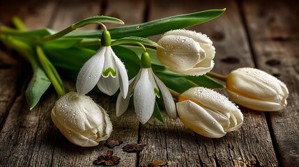 White Tulips Snowdrops Spring Bouquet Flowers.