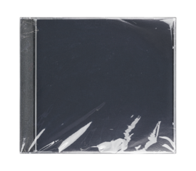 CD disk video case on black background. Isolated music transparent mockup. Clean cover box template.