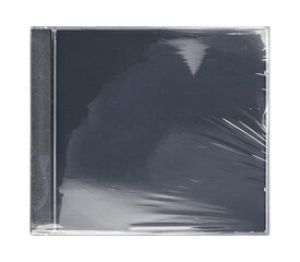 CD disk video case on black background. Isolated music transparent mockup. Clean cover box template.