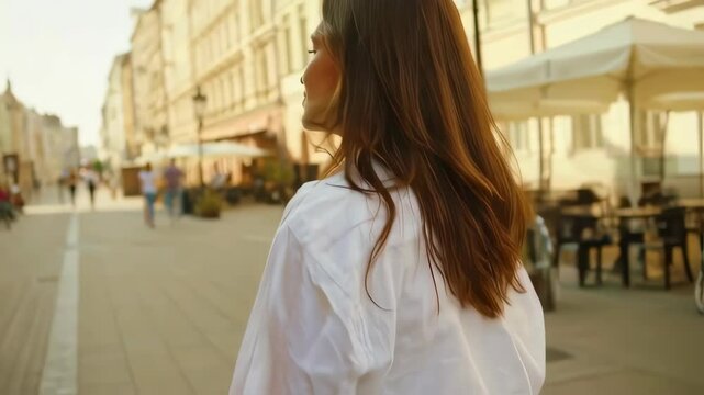 Young Woman in White Shirt and Jeans Walks Down City Street on Sunny Day, Enjoying Urban Scenery