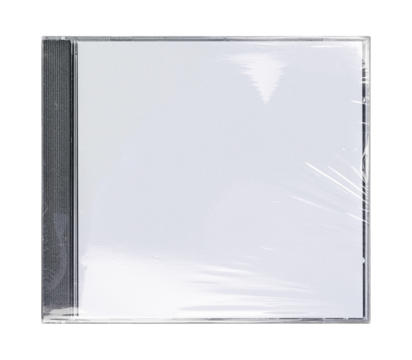 CD disk video case on black background. Isolated music transparent mockup. Clean cover box template.