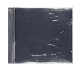 CD disk video case on black background. Isolated music transparent mockup. Clean cover box template.