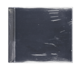 CD disk video case on black background. Isolated music transparent mockup. Clean cover box template.