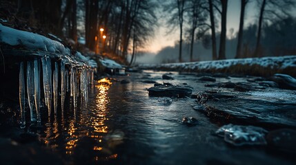 Winter River Icicles Sunset Landscape Photography.