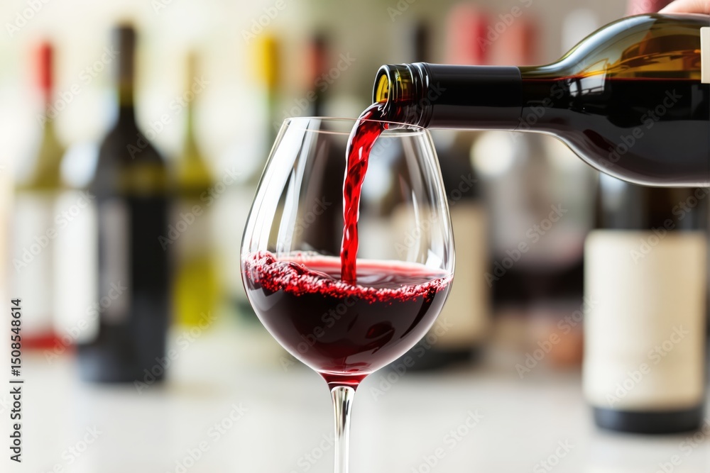 Poster pouring red wine into a glass with blurred bottles in background.