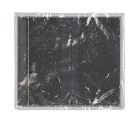 CD disk video case on black background. Isolated music transparent mockup. Clean cover box template.