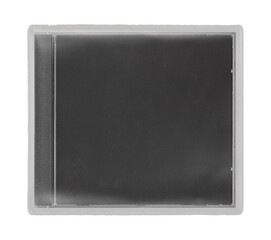 Fototapeta premium CD disk video case on black background. Isolated music transparent mockup. Clean cover box template.