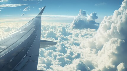Breathtaking aerial view from passenger window seat mid-flight above clouds sky-blue environment serene perspective