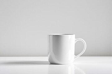 Obraz premium White ceramic coffee mug on a clean reflective surface.