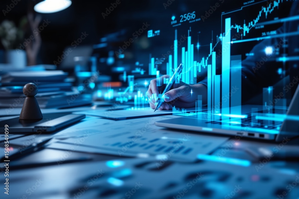 Poster business analytics concept with financial graphs on a futuristic background.