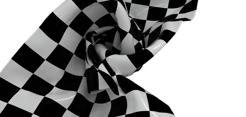 Draped checkered flag, black and white squares, abstract texture background.