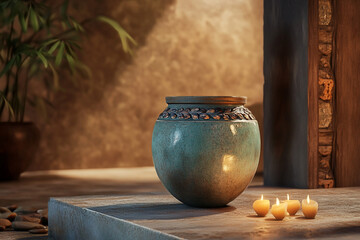 Ceramic jar on pedestal in spa environment