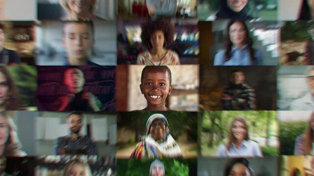 African Child Lead in a Mix of Portraits with Stylish Male and Female of Different Ethnicities Looking at Camera. Collage with Global Representation of Happy People. Zoom Out Footage