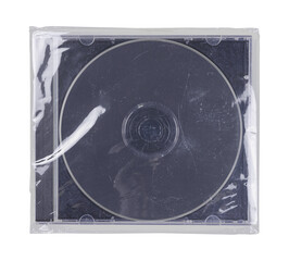 CD disk video case on black background. Isolated music transparent mockup. Clean cover box template.