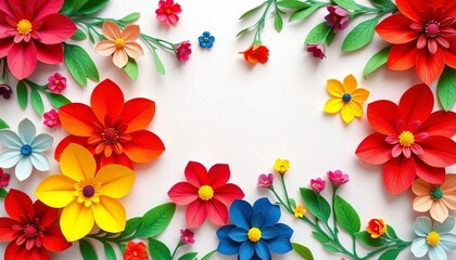 Vibrant paper cut flowers, white background, floral banner Top view, copy space,   illustration,  floral arrangement