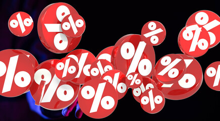 3D rendered image of red percentage symbols falling against a black background. Perfect for sale,...