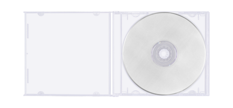 CD disk video case on black background. Isolated music transparent mockup. Clean cover box template.