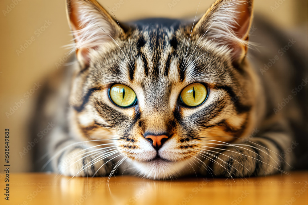 Poster close-up of a tabby cat with intense yellow eyes staring forward.