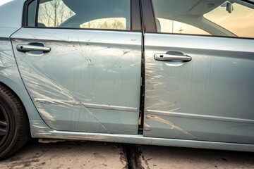 A damaged car door shows signs of a traffic accident, revealing extensive scratches and marks.