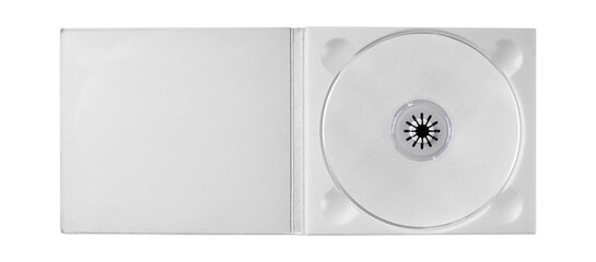 CD disk video case on black background. Isolated music transparent mockup. Clean cover box template.